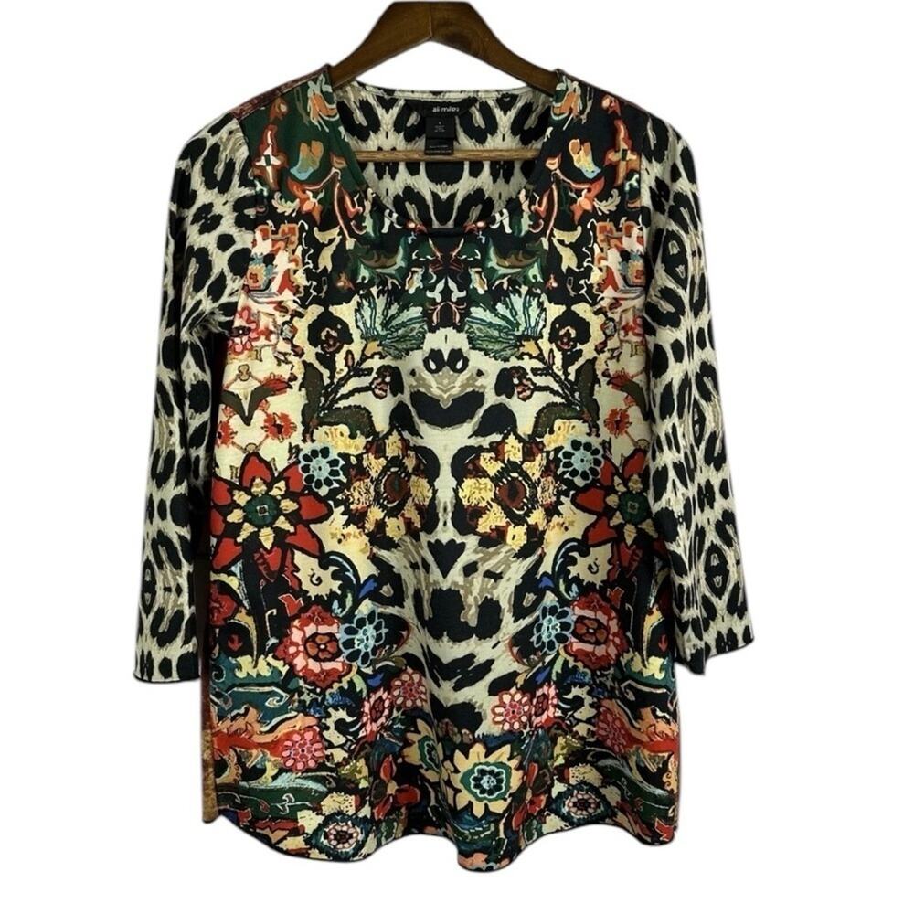 Ali Miles Women’s Small Mixed Print Tunic Top Leopard Floral 3/4 Sleeve Artsy